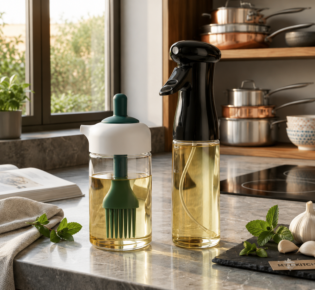 2-in-1 Kitchen Oil Combo Set - 200ml Glass Oil Sprayer Bottle + 250ml Oil Dispenser Jar with Silicone Basting Brush
