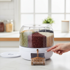 Front dispensing drawer of a transparent rotating grain storage container