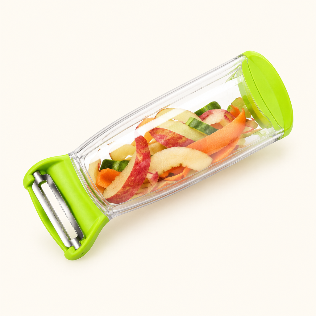 Illustrative product image of handheld vegetable peeler with clear container