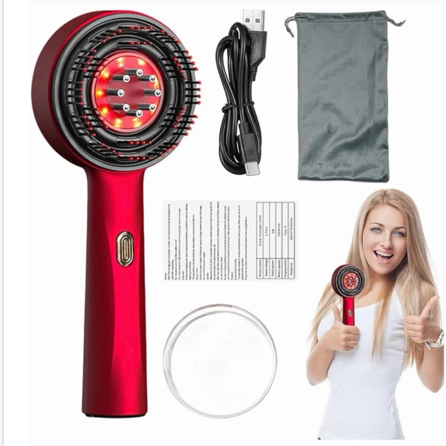 Red USB rechargeable scalp massager with storage pouch and charging cable