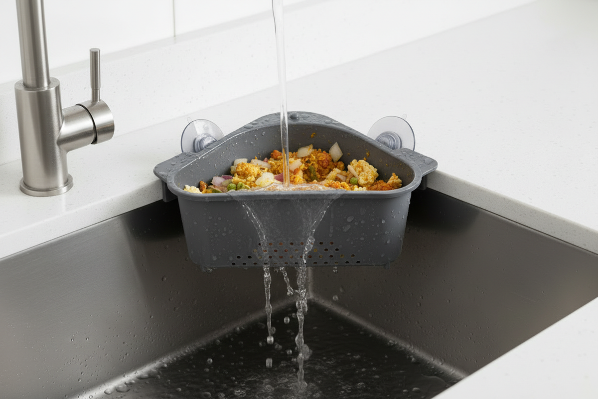 Triangular dark gray sink strainer basket catching curry and food particles while water drains