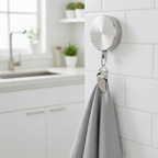 Stainless steel retractable towel holder installed in a modern kitchen holding a dish towel