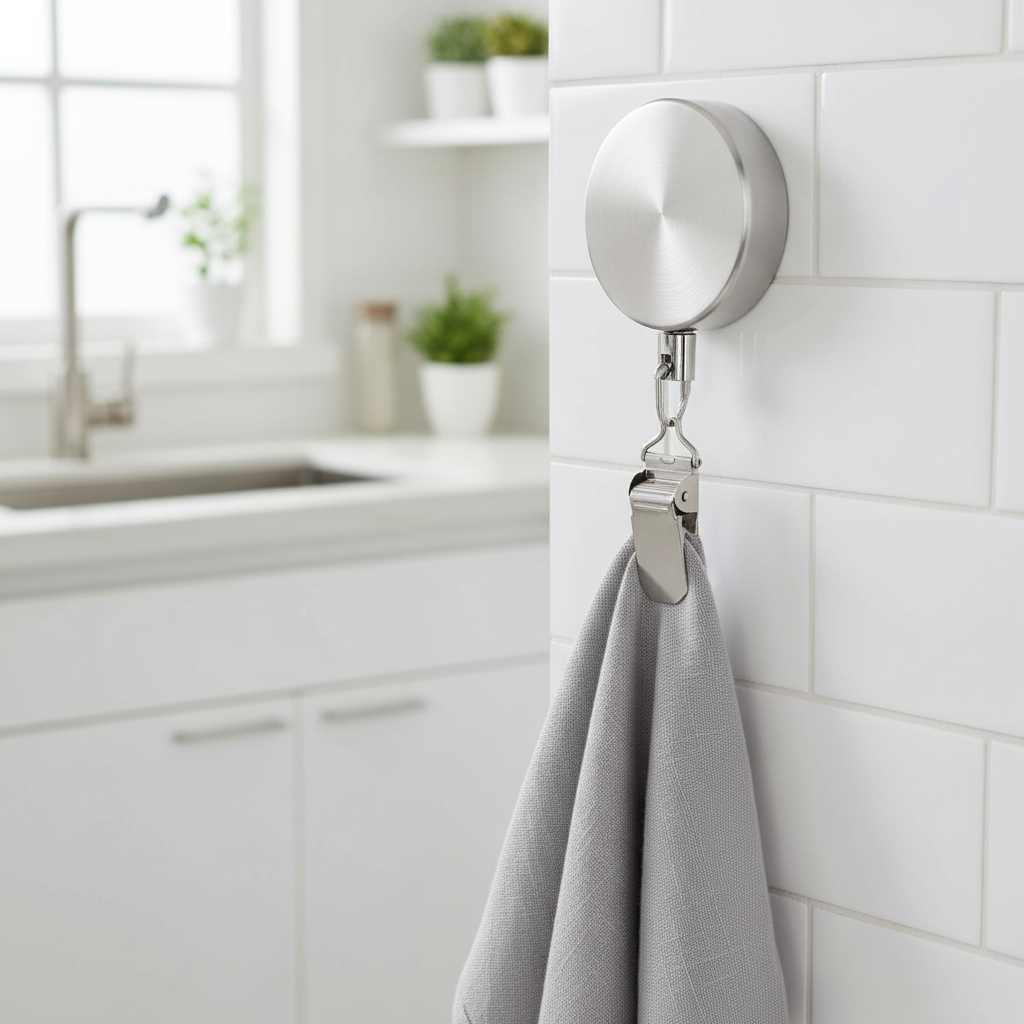 Stainless steel retractable towel holder installed in a modern kitchen holding a dish towel