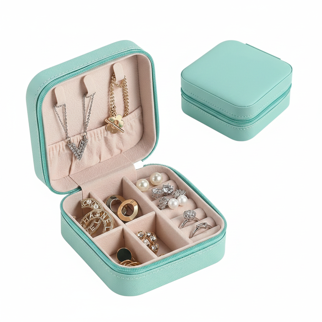 Teal Jewellery Travel Box Open Showing Compartments with Rings and Necklaces