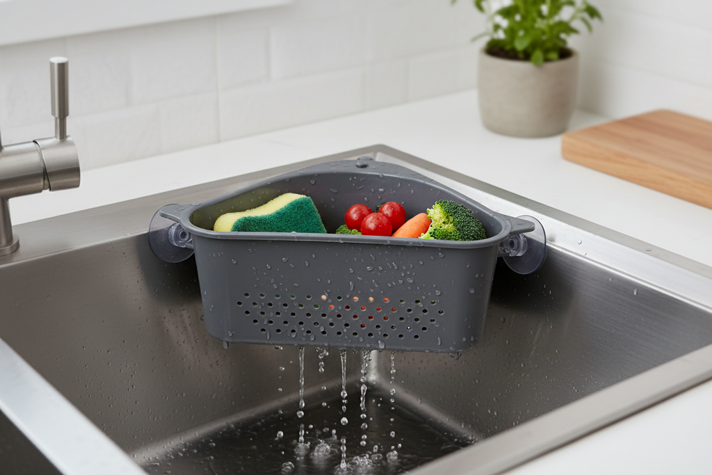 Triangular dark gray sink strainer basket holding vegetables and a sponge in a kitchen sink