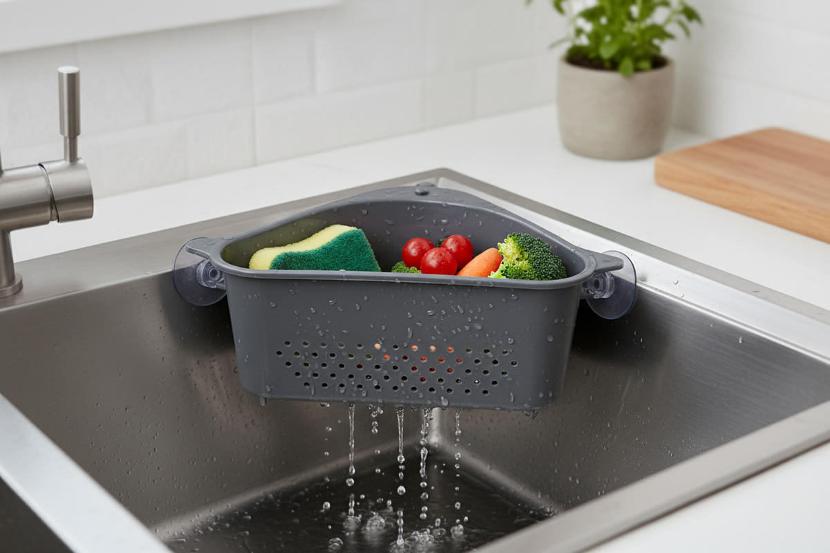Triangular dark gray sink strainer basket holding vegetables and a sponge in a kitchen sink