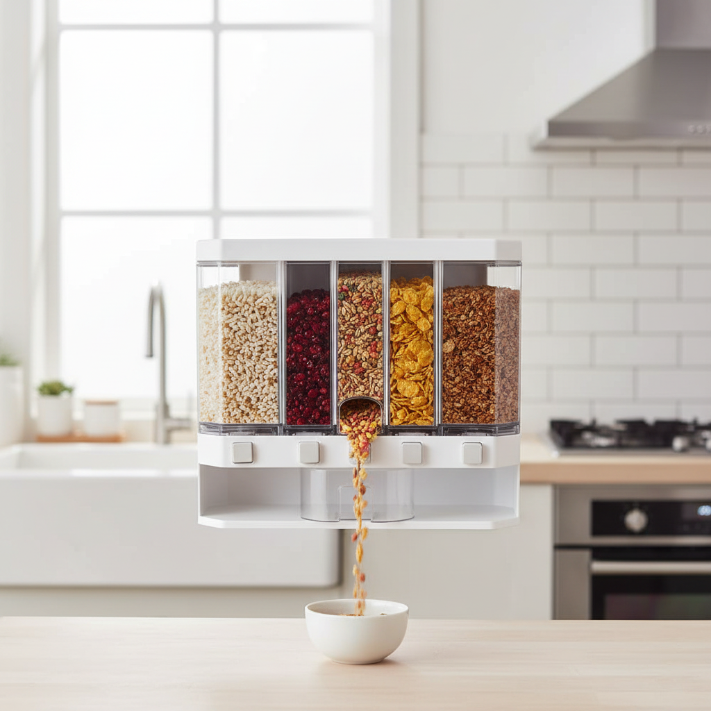 White wall-mounted cereal dispenser dispensing grains into a bowl