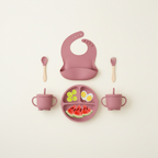 Top-down flat lay of the WZOC 6-piece silicone baby feeding set