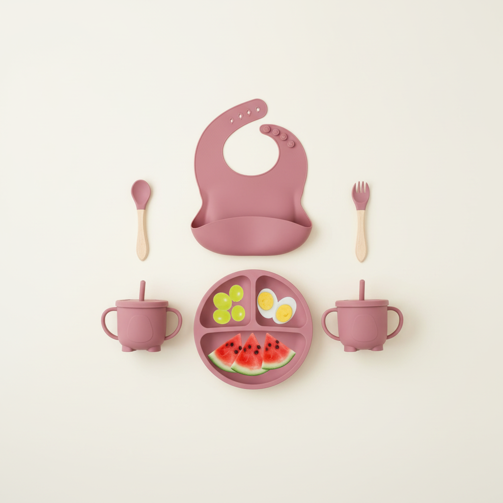 Top-down flat lay of the WZOC 6-piece silicone baby feeding set