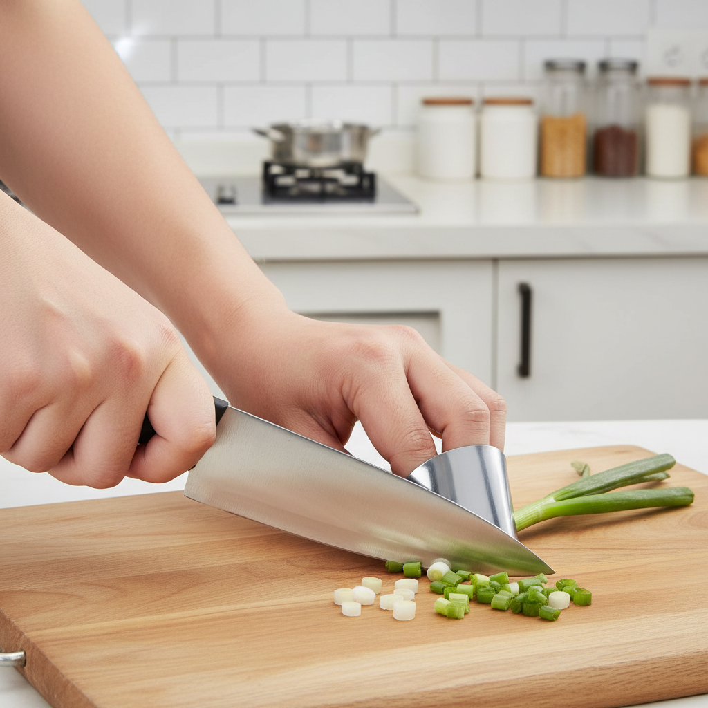 Stainless steel finger guard worn while safely guiding a kitchen knife during chopping