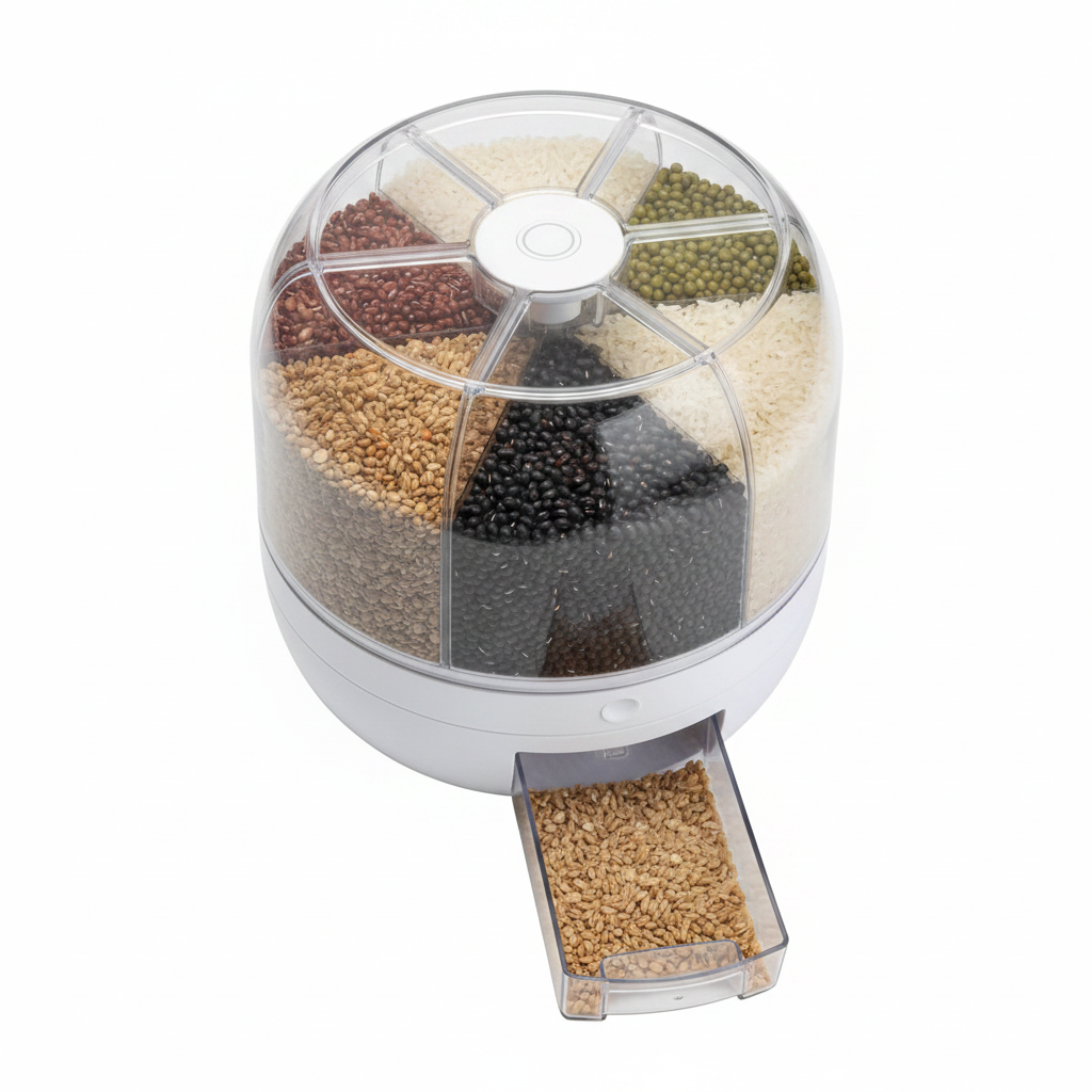 Top view of transparent six-compartment rotating grain storage container