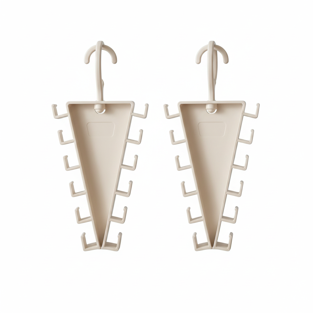 Two white triangular 12-hook clothes hanger organizers
