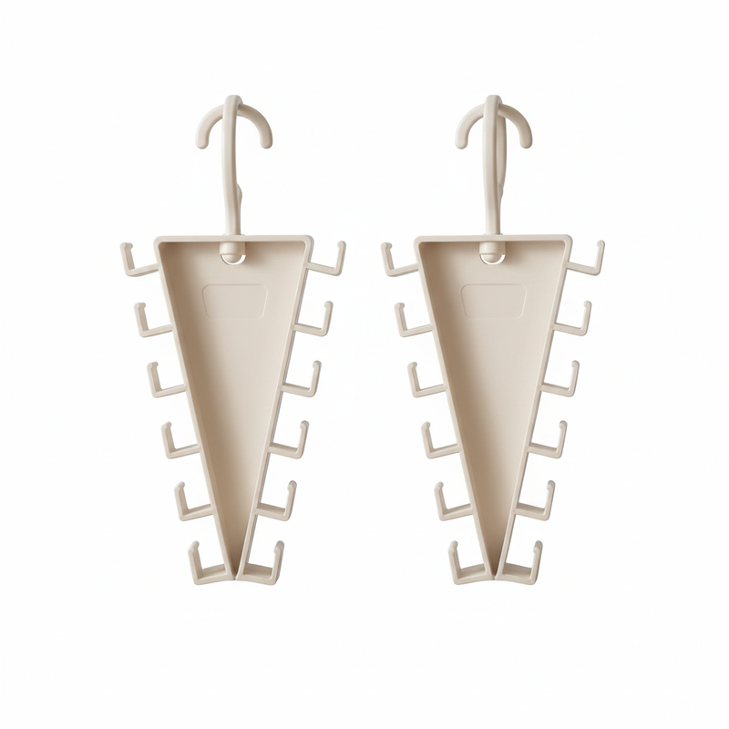 Two white triangular 12-hook clothes hanger organizers