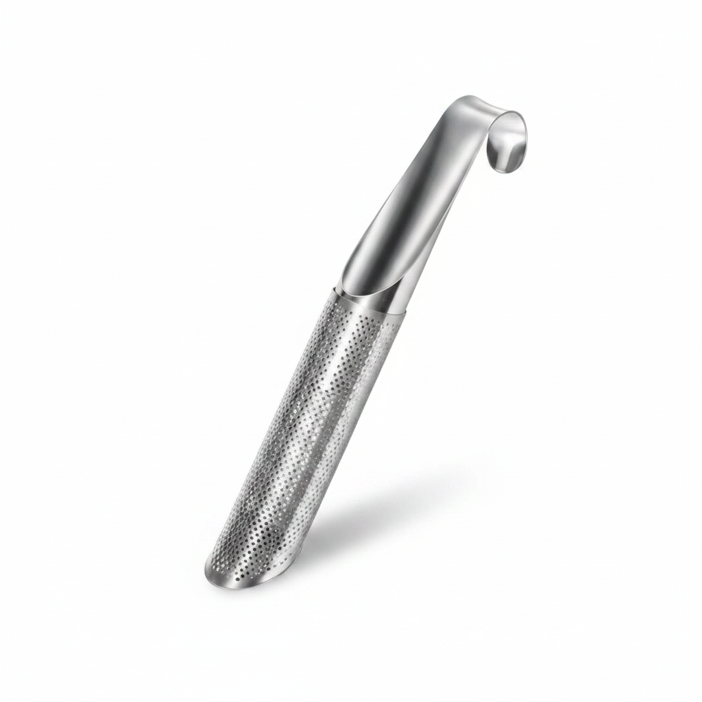 Stainless steel tea infuser with a curved hook on white background