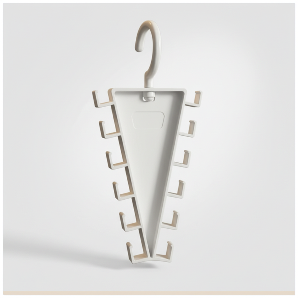 Close-up of the exact white plastic triangular 12-hook hanger organizer
