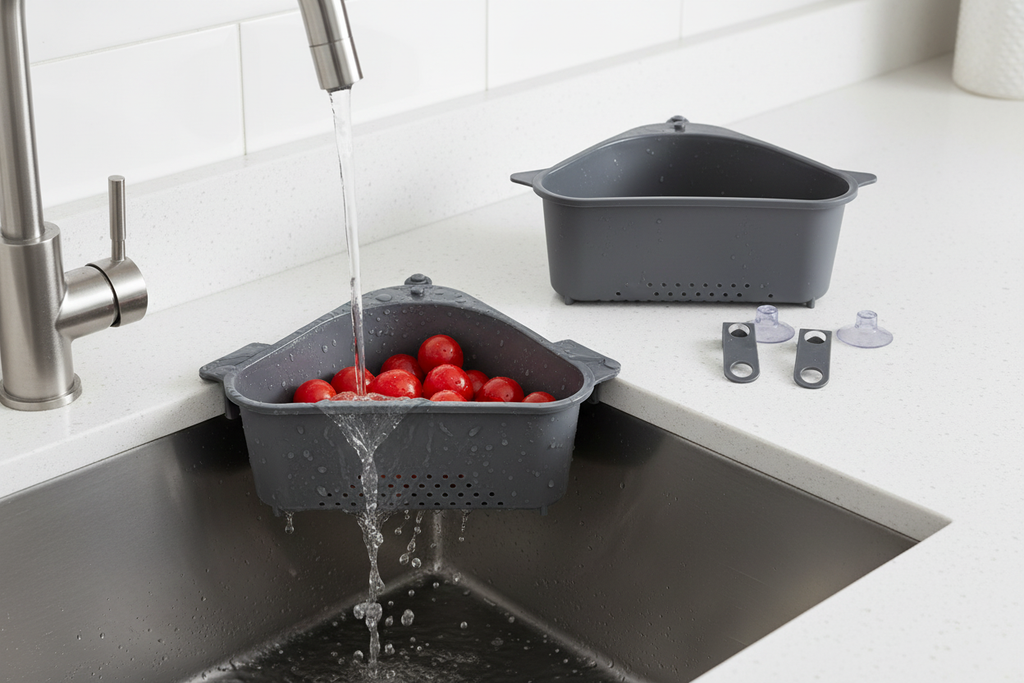 Triangular dark gray sink strainer basket draining tomatoes in a kitchen sink
