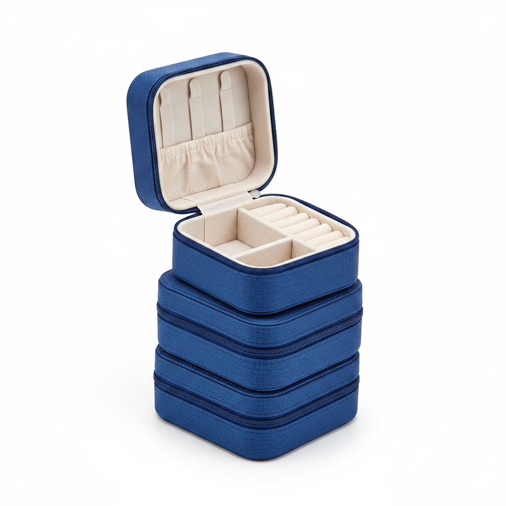 Blue Jewellery Travel Boxes Stacked with Open Compartment View