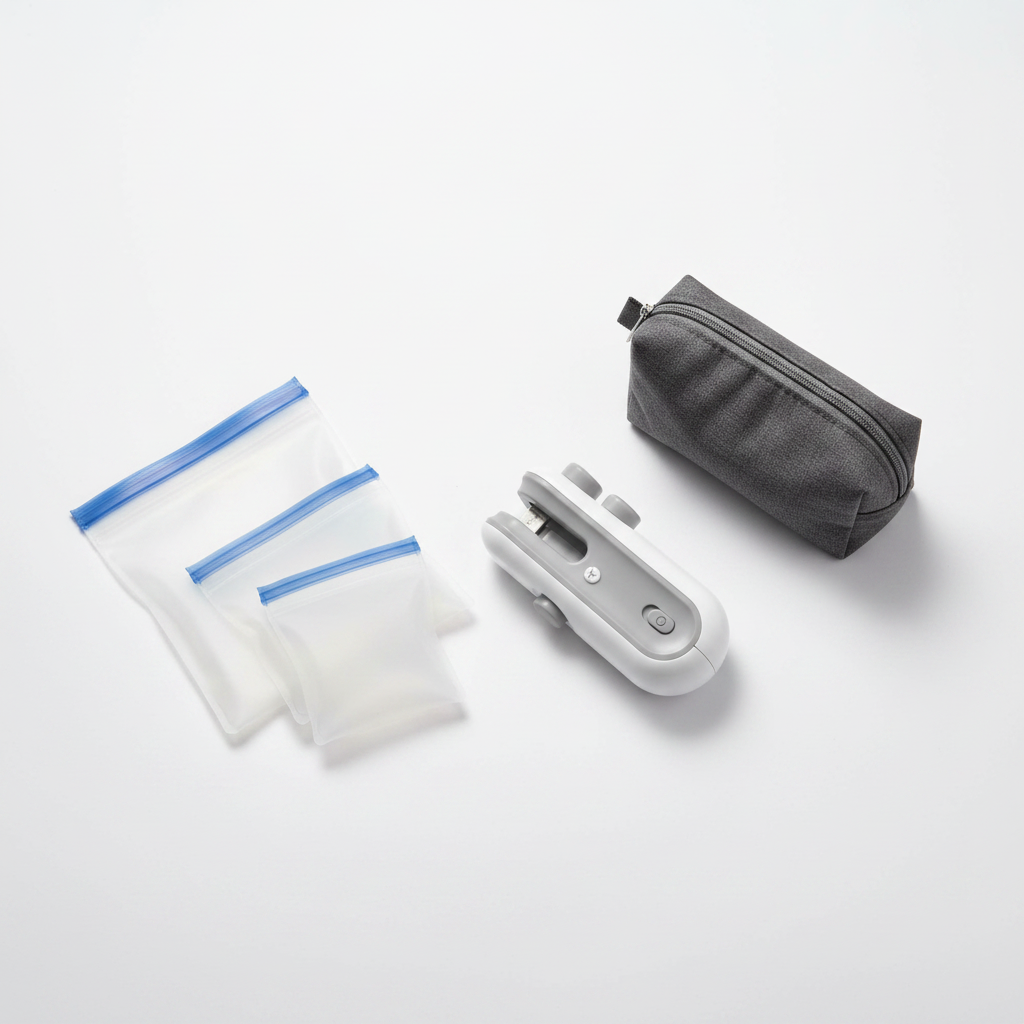 InstantSeal compact bag sealer beside reusable food bags