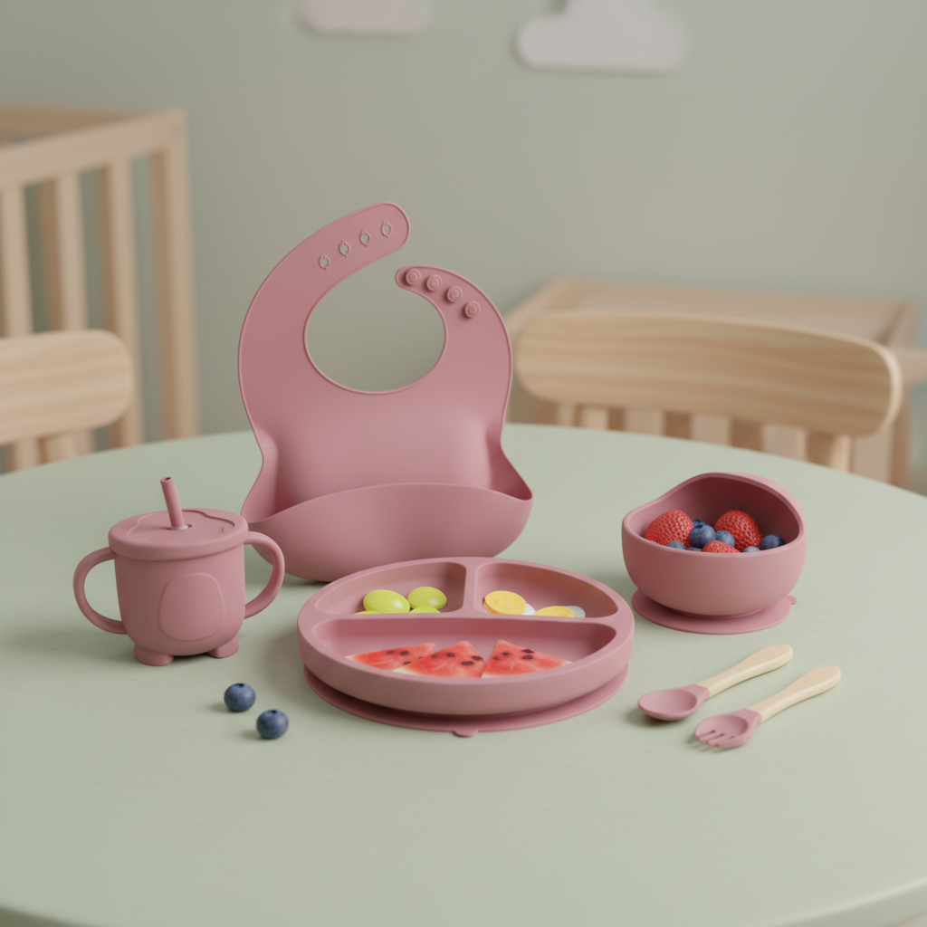 WZOC 6-piece silicone baby feeding set on a light sage dining surface