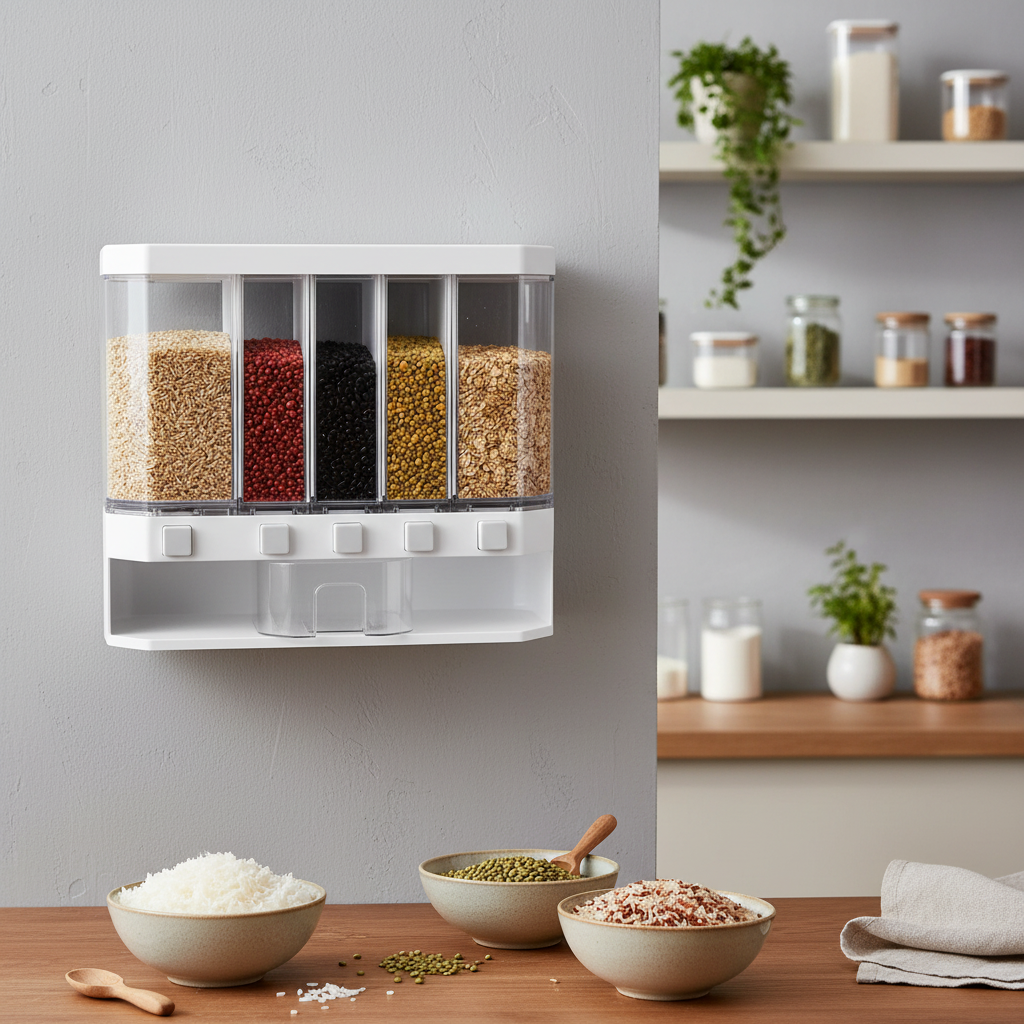 White six-grid wall-mounted cereal dispenser in an organized modern kitchen