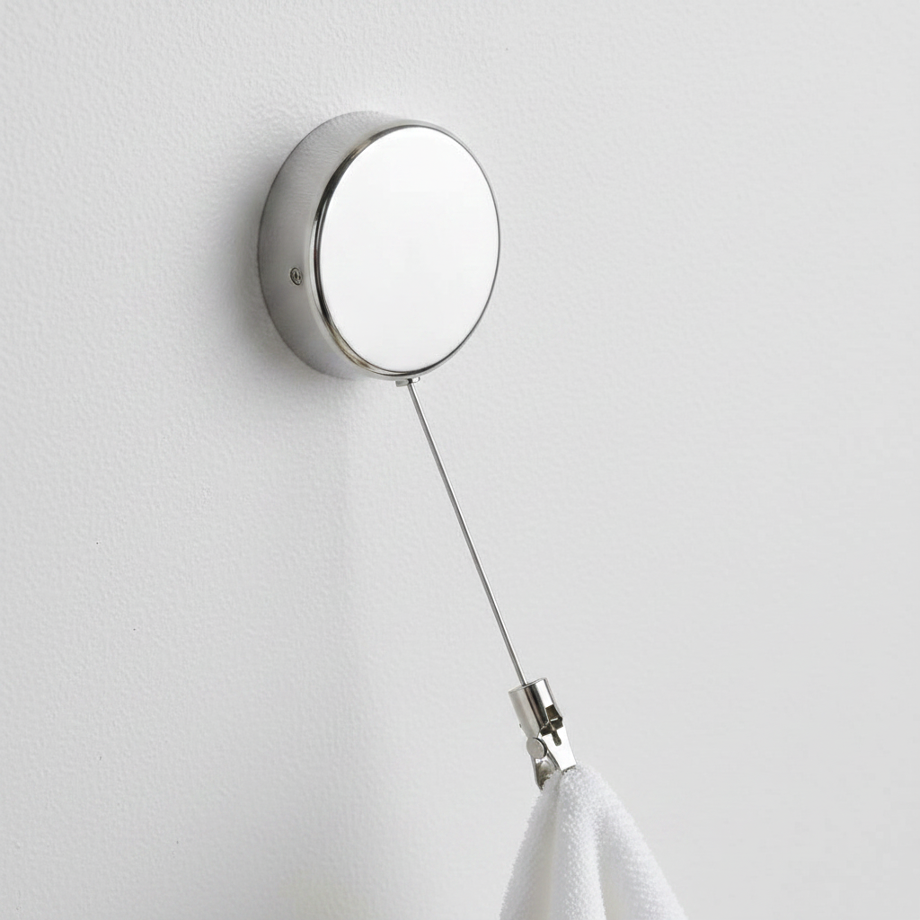 Close-up of the polished stainless steel adhesive retractable towel holder and clip