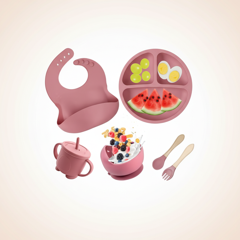 WZOC 6-piece silicone baby feeding set arranged on a clean background