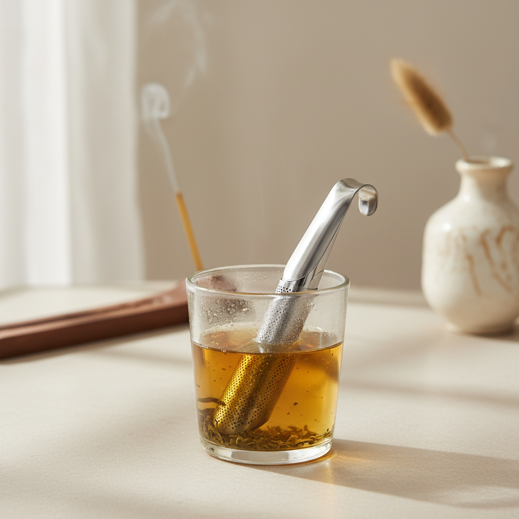Stainless steel tea infuser steeping tea in a glass cup