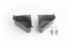 Two triangular dark gray sink strainer baskets with mounting pieces on a white background