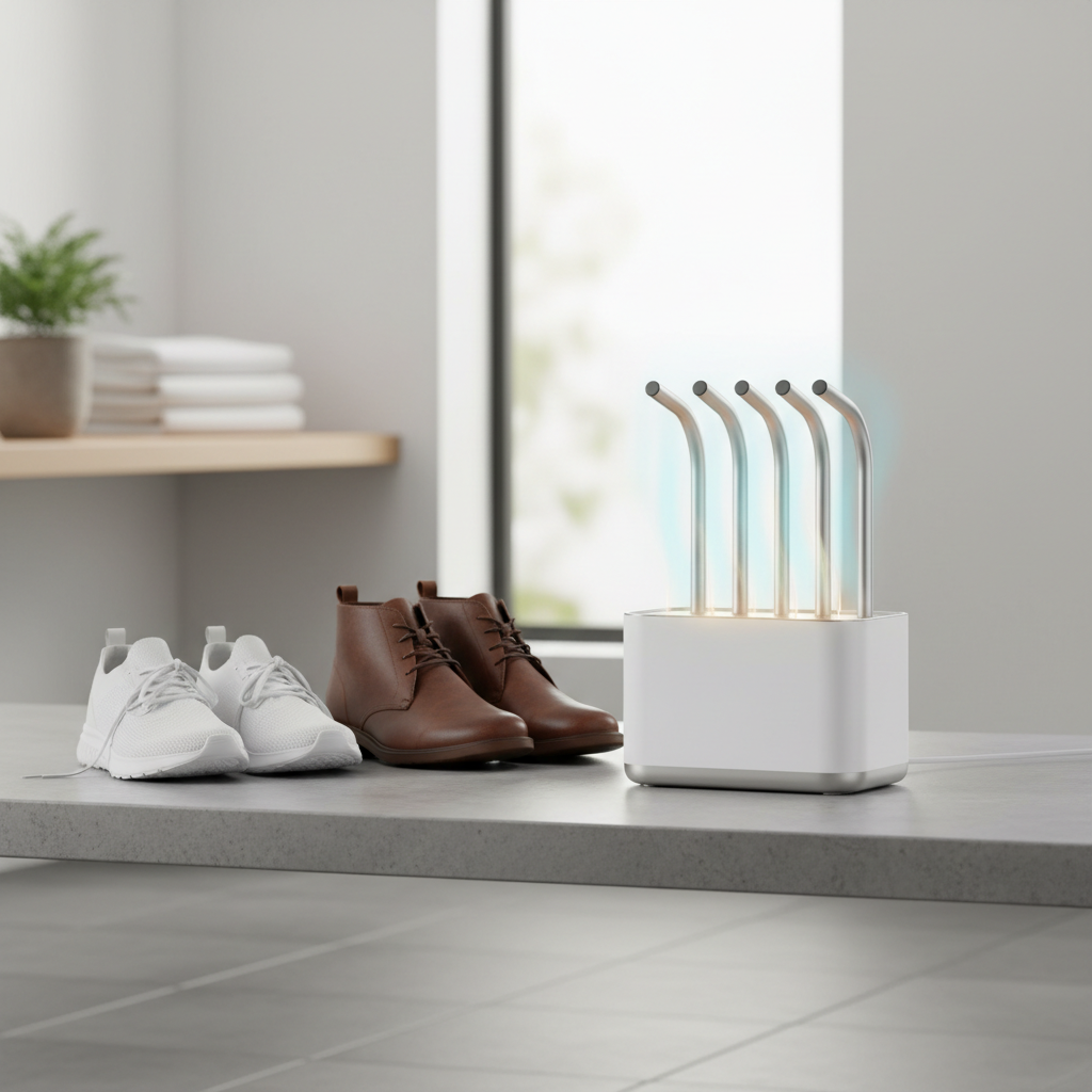 Electric shoe dryer beside everyday shoes in a laundry room