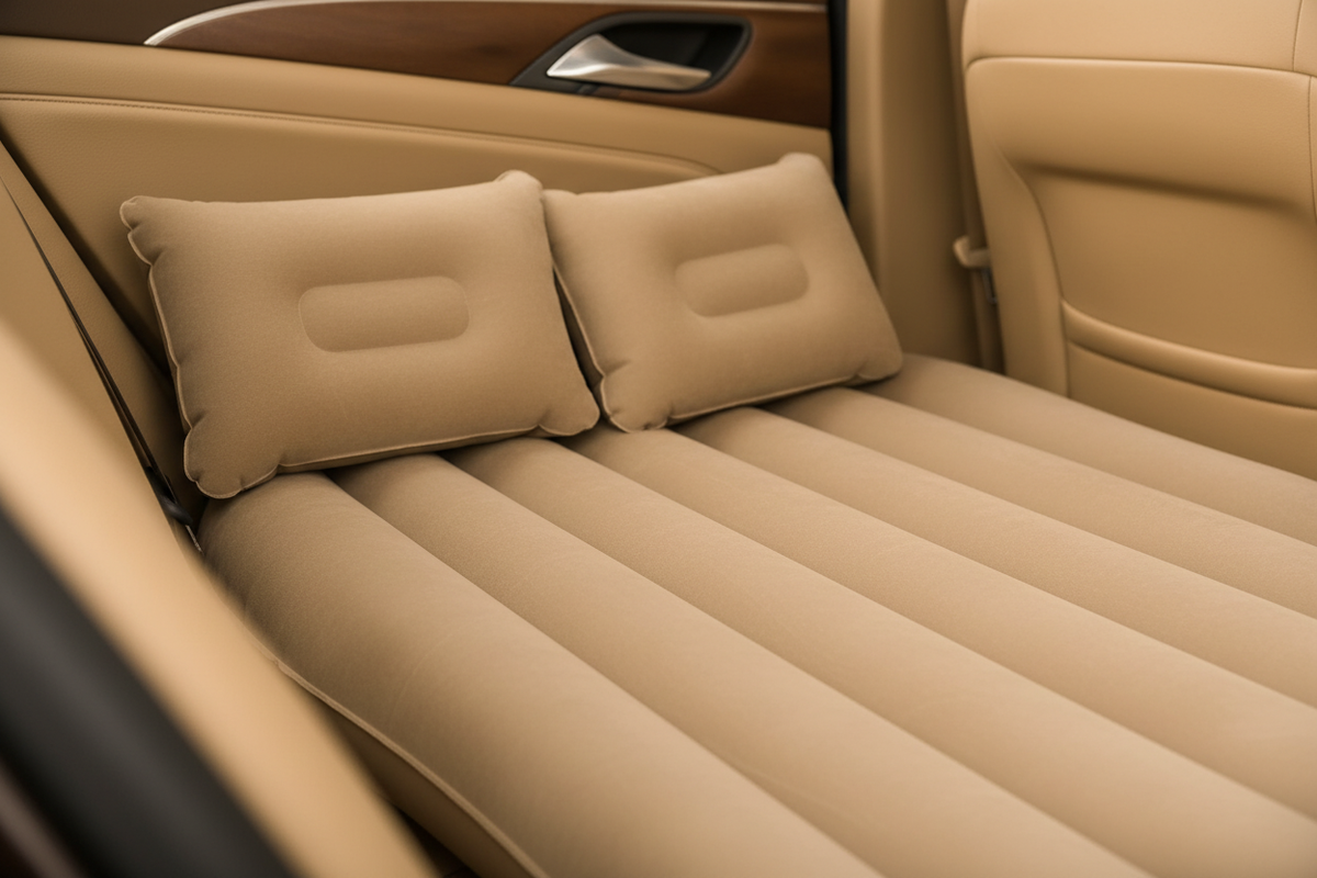 Close-up of the cushioned ribbed surface and two pillows on a beige inflatable car bed
