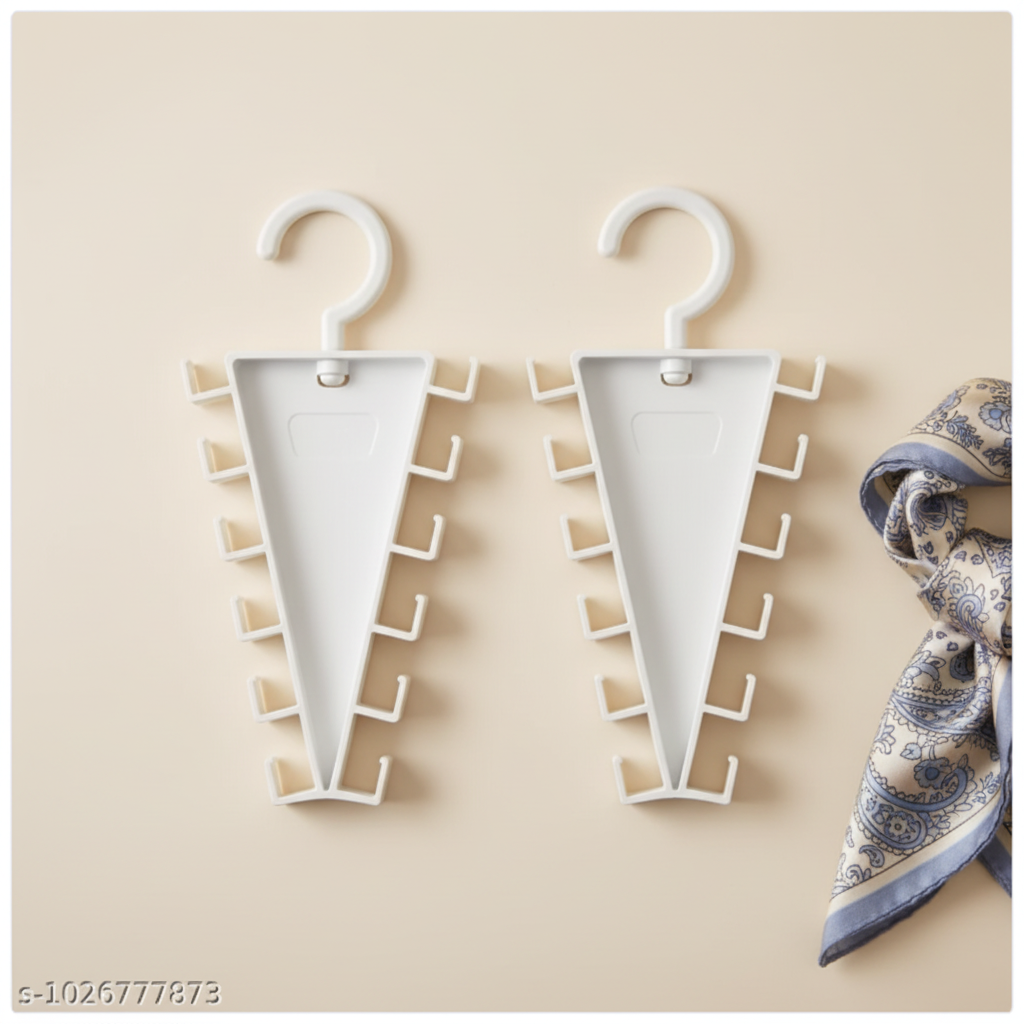 Two exact white triangular 12-hook hanger organizers in a flat lay