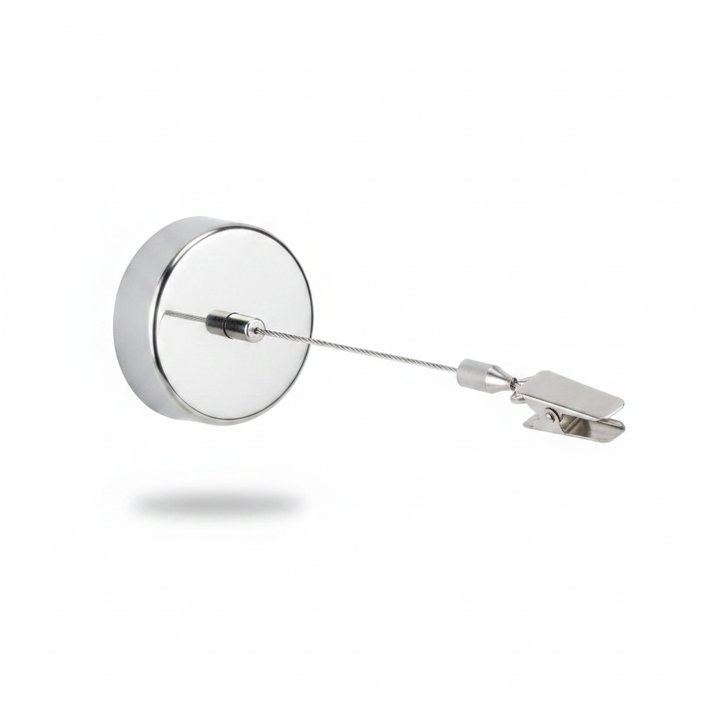 Stainless steel retractable dish towel holder isolated on a white background