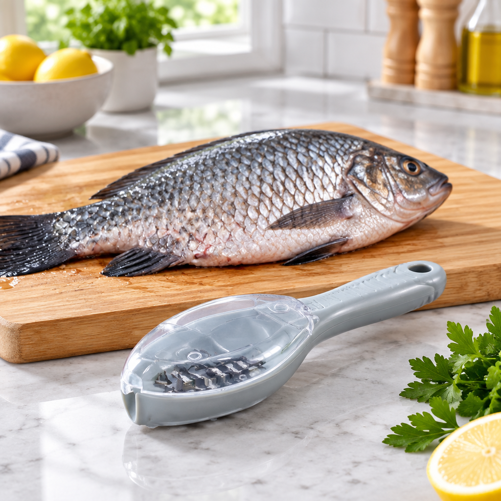 Fish scale scraper beside fish and a cutting board