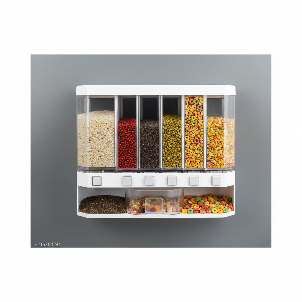 Front view of a white wall-mounted six-grid cereal dispenser with individual buttons