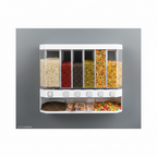 Front view of a white wall-mounted six-grid cereal dispenser with individual buttons