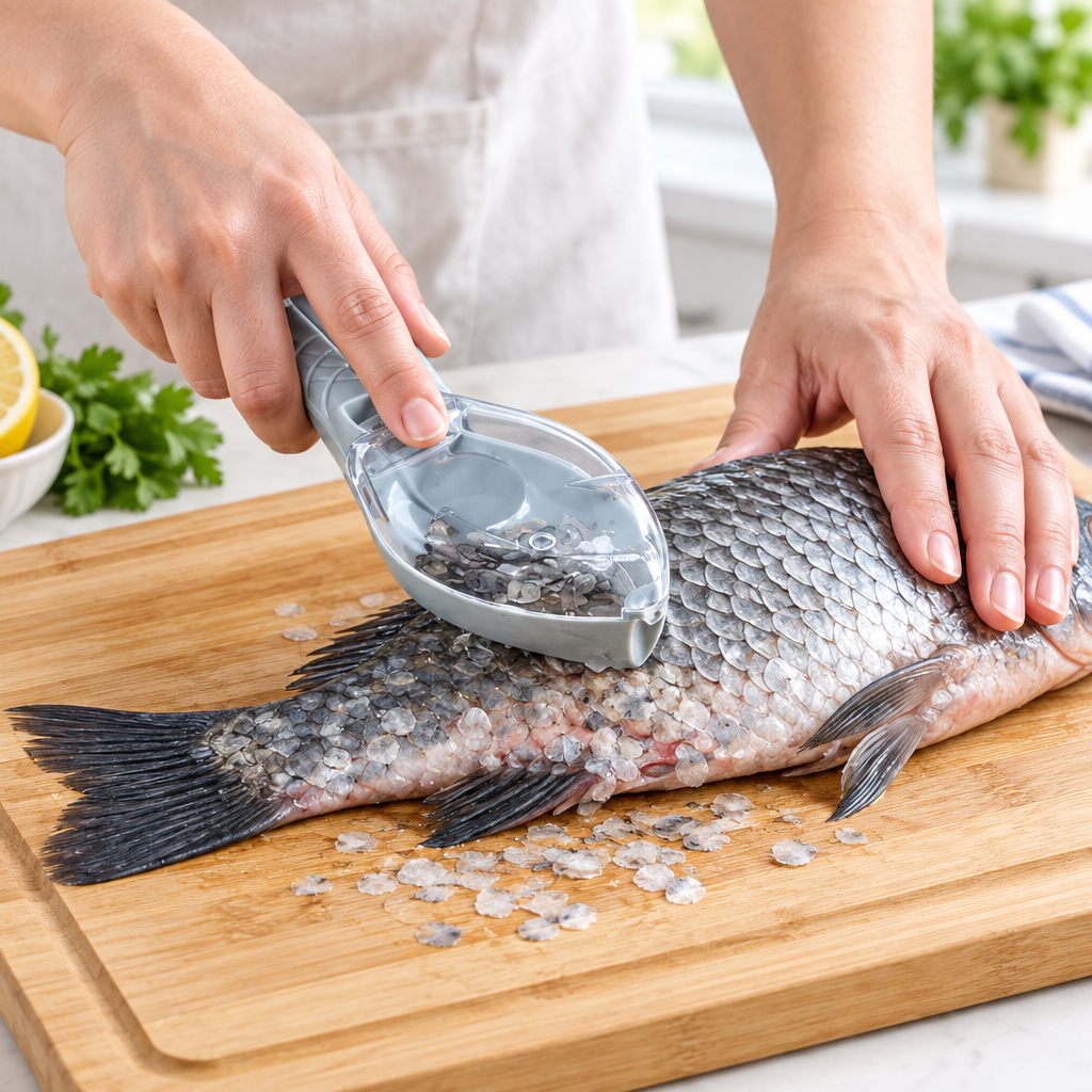 Using a fish scaler to remove scales during kitchen prep