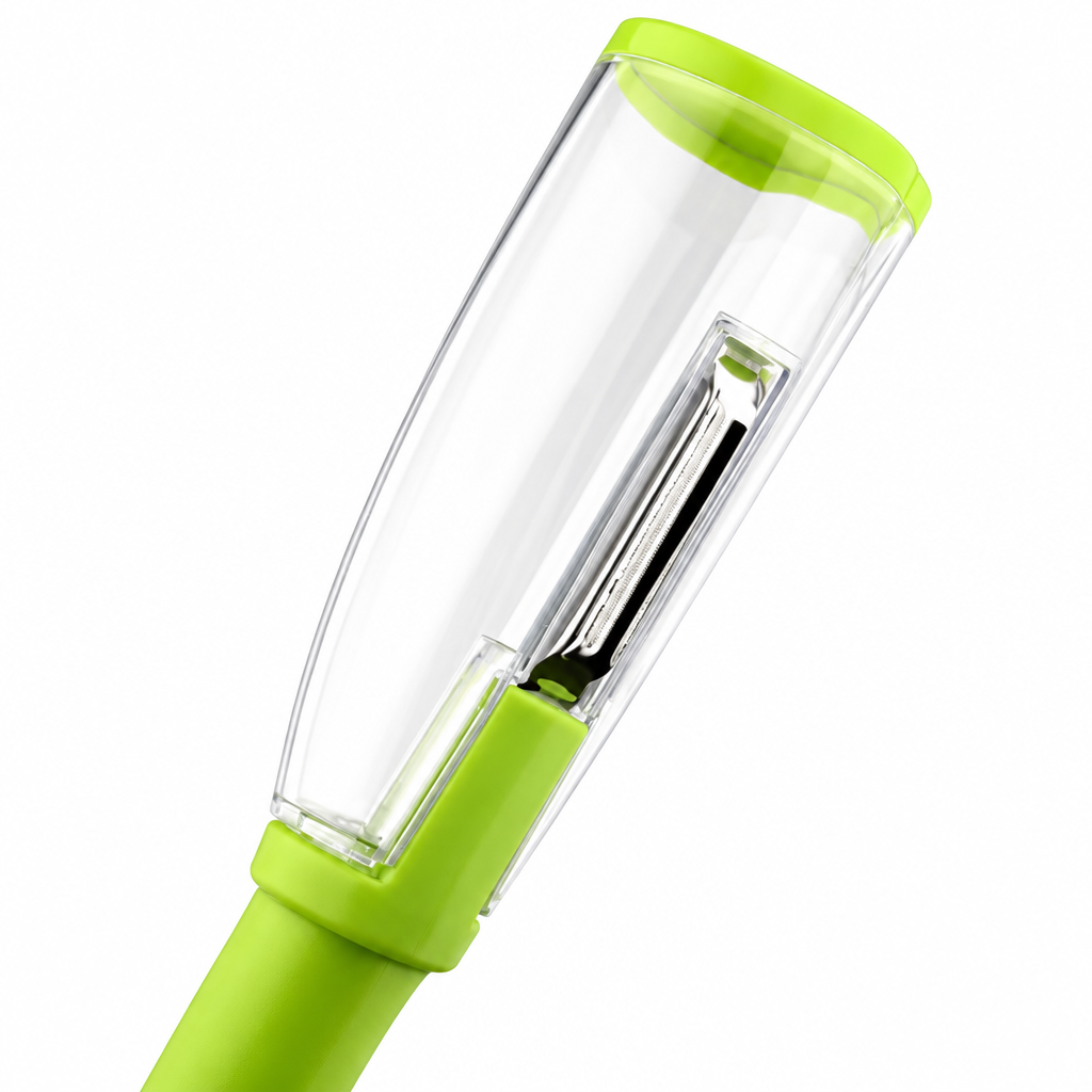Illustrative close-up of the peeler blade and transparent chamber