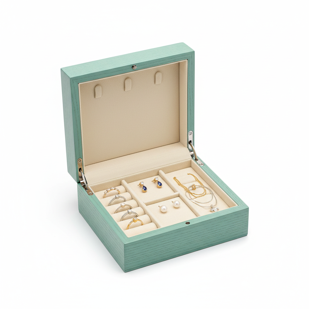 Jewellery Packaging Box - Teal Open with Compartments