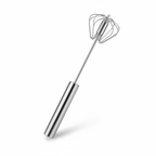 Stainless steel hand-push rotary whisk on a white background