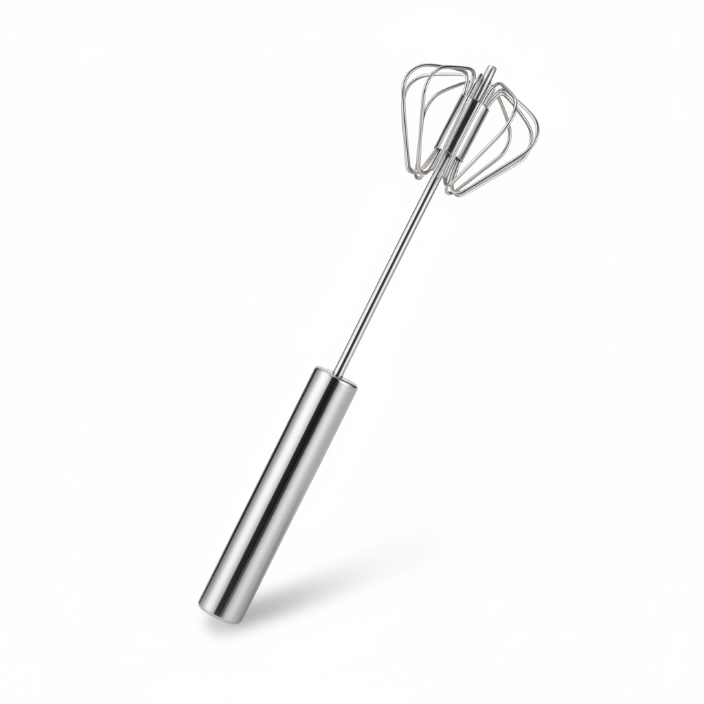Stainless steel hand-push rotary whisk on a white background