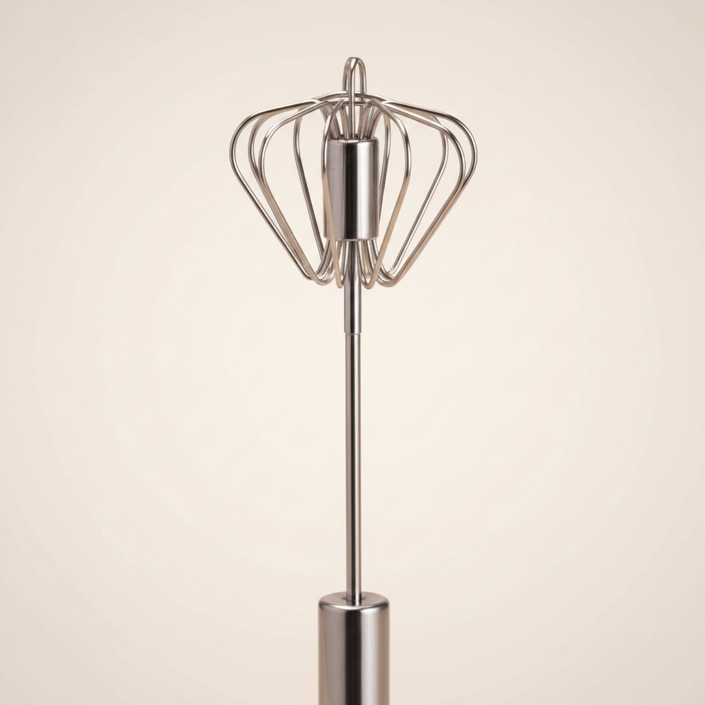Close-up of stainless steel hand-push rotary whisk mechanism