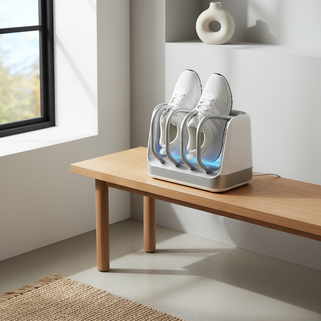Electric shoe dryer used with sneakers in a home entryway