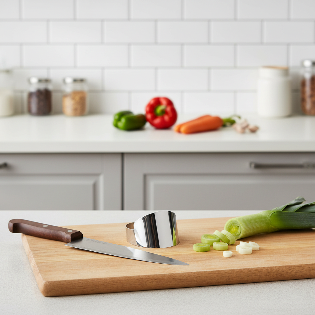 Stainless steel finger guard beside a cutting board and vegetables in a modern kitchen