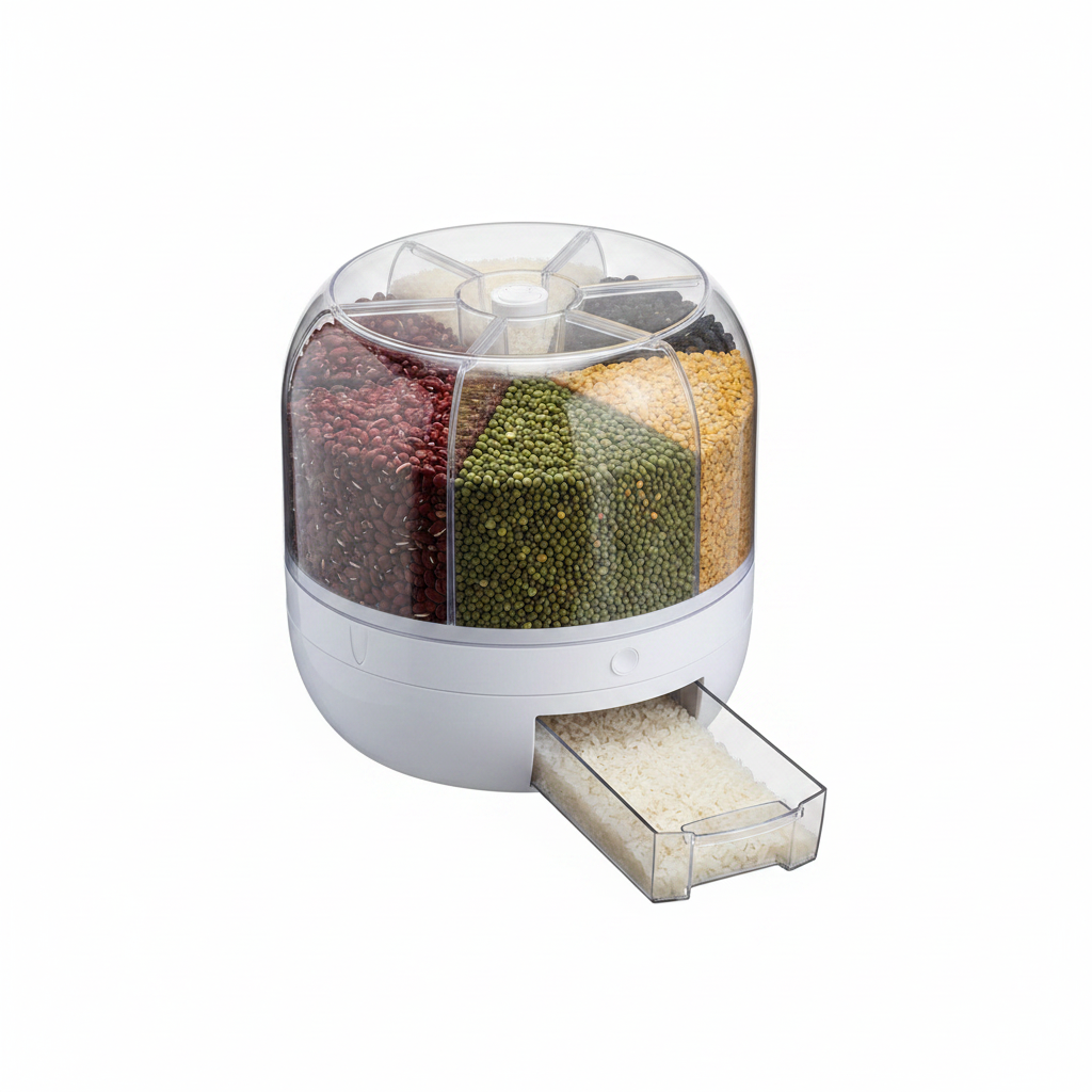 Transparent white 360 degree rotating grain storage container with six compartments and pull-out drawer
