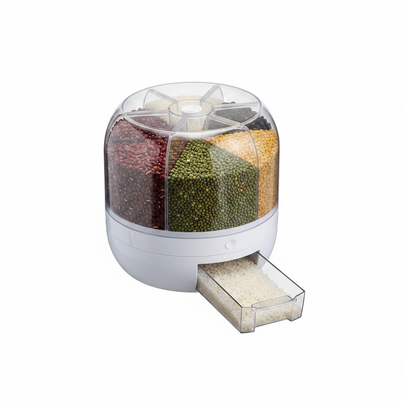 Transparent white 360 degree rotating grain storage container with six compartments and pull-out drawer
