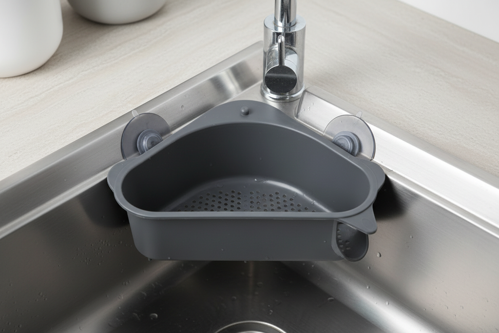 Close-up of triangular dark gray sink strainer basket with perforated base and suction cups