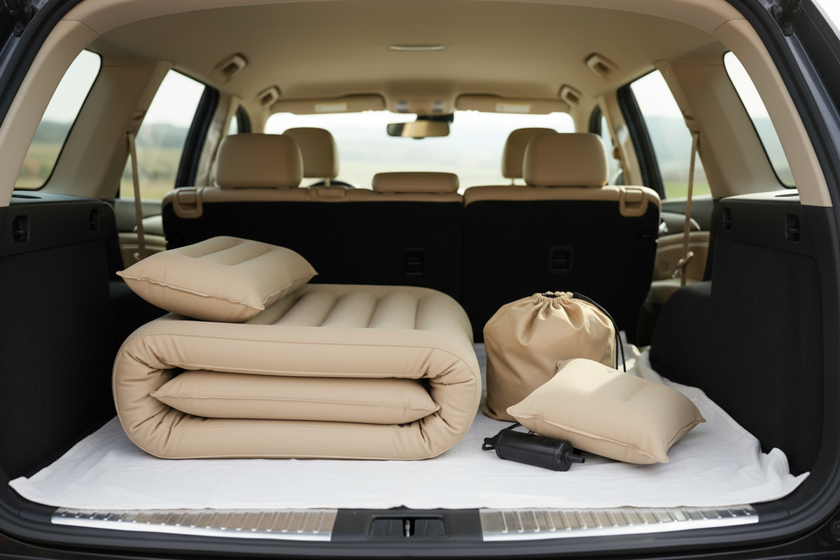 Beige inflatable car bed folded for travel with carry bag and pump in a car