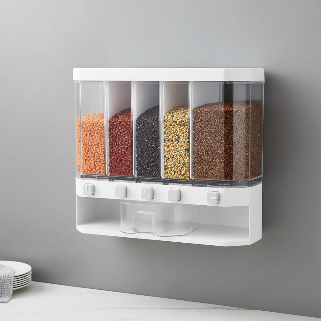 White wall-mounted six-grid cereal and dry-food dispenser filled with grains