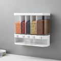 White wall-mounted six-grid cereal and dry-food dispenser filled with grains