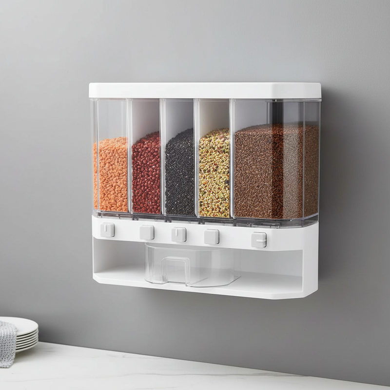 White wall-mounted six-grid cereal and dry-food dispenser filled with grains